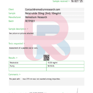 Janoshik Analytical test report for Remedium Retatrutide 30mg pen showing 98.564% purity and confirmed concentration