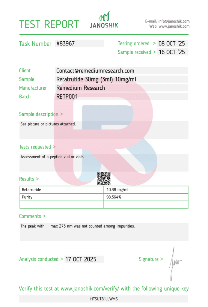 Janoshik Analytical test report for Remedium Retatrutide 30mg pen showing 98.564% purity and confirmed concentration